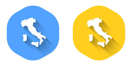 White Map of Italy icon isolated with long shadow background. Circle button. Vectorのイラスト素材
