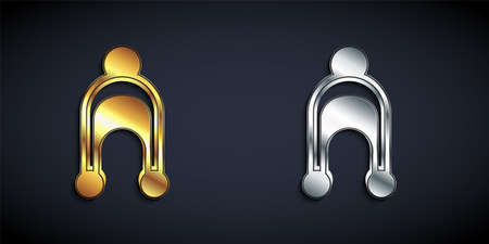 Gold and silver Winter hat icon isolated on black background. Long shadow style. Vectorのイラスト素材