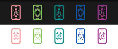 Set Smartphone with fingerprint scanner icon isolated on black and white background. Concept of security, personal access via finger on mobile. Vectorのイラスト素材