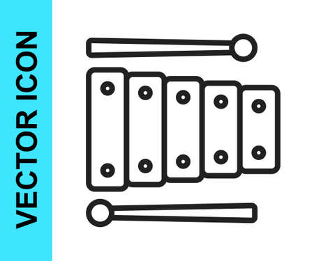 Black line Xylophone - musical instrument with thirteen wooden bars and two percussion mallets icon isolated on white background. Vectorのイラスト素材
