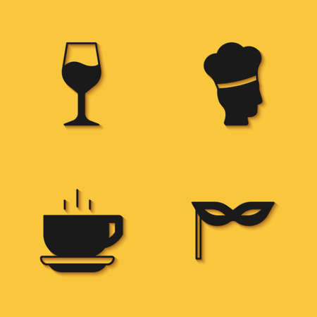 Set Wine glass, Carnival mask, Coffee cup and Italian cook icon with long shadow. Vectorのイラスト素材
