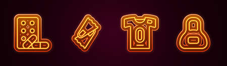 Set line Sports doping with dumbbell, Flippers for swimming, Football jersey and t-shirt and Weight. Glowing neon icon. Vectorのイラスト素材