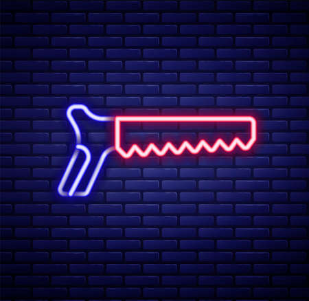 Glowing neon line Hand saw icon isolated on brick wall background. Colorful outline concept. Vectorのイラスト素材
