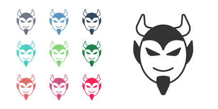 Black Devil head icon isolated on white background. Happy Halloween party. Set icons colorful....