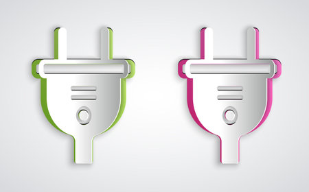 Paper cut Electric plug icon isolated on grey background. Concept of connection and disconnection of the electricity. Paper art style. Vectorのイラスト素材