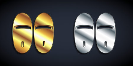 Gold and silver Slippers icon isolated on black background. Flip flops sign. Long shadow style. Vectorのイラスト素材