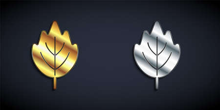 Gold and silver Leaf icon isolated on black background. Leaves sign. Fresh natural product symbol. Long shadow style. Vectorのイラスト素材