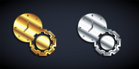 Gold and silver Time management icon isolated on black background. Clock and gear sign. Productivity symbol. Long shadow style. Vectorのイラスト素材