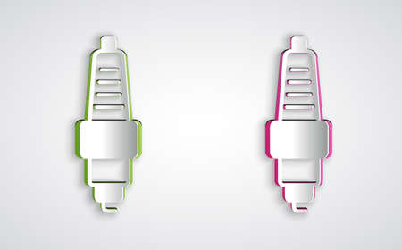 Paper cut Car spark plug icon isolated on grey background. Car electric candle. Paper art style....