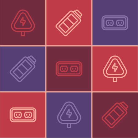 Set line High voltage, Electrical outlet and Battery charge icon. Vectorのイラスト素材