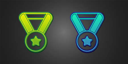 Green and blue Medal icon isolated on black background. Winner symbol. Vector