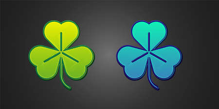 Green and blue Clover icon isolated on black background. Happy Saint Patrick day. Vectorのイラスト素材