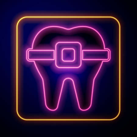 Glowing neon Teeth with braces icon isolated on black background ...