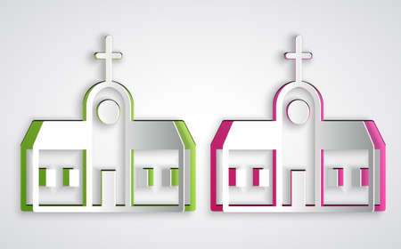 Paper cut Church building icon isolated on grey background. Christian Church. Religion of church. Paper art style. Vectorのイラスト素材