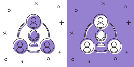 Set Meeting icon isolated on white and purple background. Business team meeting, discussion concept, analysis, content strategy. Presentation conference. Vectorのイラスト素材