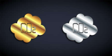 Gold and silver CO2 emissions in cloud icon isolated on black background. Carbon dioxide formula, smog pollution concept, environment concept. Long shadow style. Vectorのイラスト素材