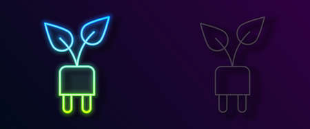 Glowing neon line Electric saving plug in leaf icon isolated on black background. Save energy electricity. Environmental protection. Bio energy. Vectorのイラスト素材