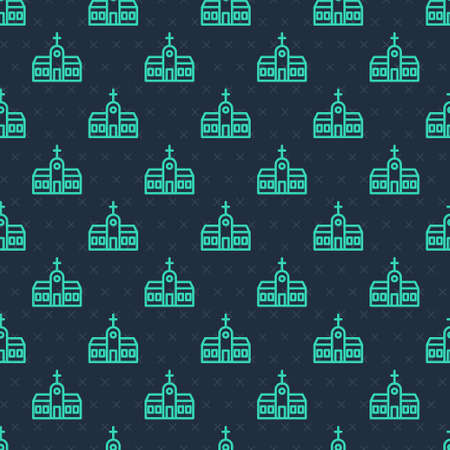 Green line Church building icon isolated seamless pattern on blue background. Christian Church. Religion of church. Vectorのイラスト素材