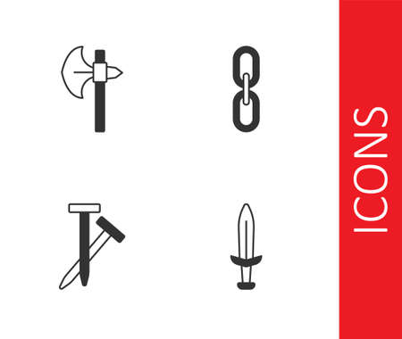 Set Medieval sword, axe, Metallic nails and Chain link icon. Vectorのイラスト素材