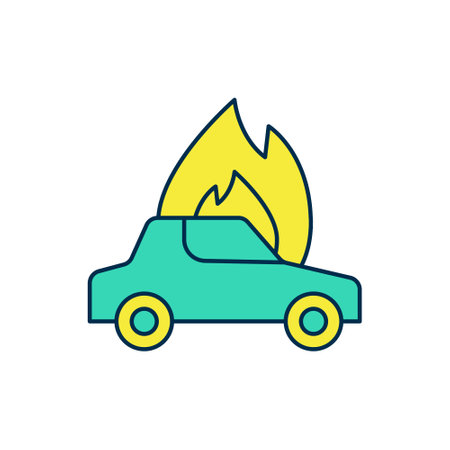 Filled outline Burning car icon isolated on white background. Car on fire. Broken auto covered with fire and smoke. Vectorのイラスト素材