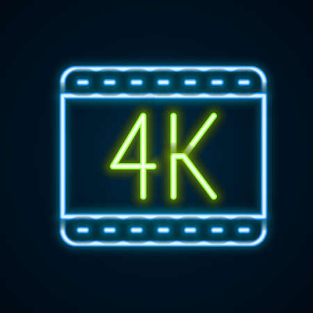 Glowing neon line 4k movie, tape, frame icon isolated on black background. Colorful outline concept. Vectorのイラスト素材