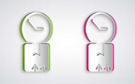 Paper cut Carton cardboard box and fast time delivery icon isolated on grey background. Box,...