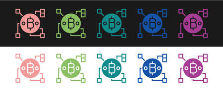 Set Blockchain technology Bitcoin icon isolated on black and white background. Abstract geometric block chain network technology business. Vectorのイラスト素材