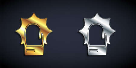 Gold and silver Punch in boxing gloves icon isolated on black background. Boxing gloves hitting together with explosive. Long shadow style. Vectorのイラスト素材