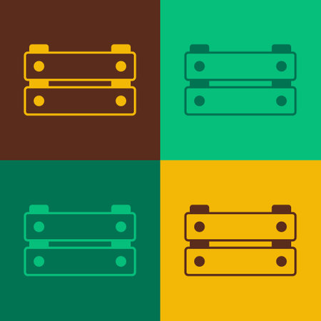 Pop art Wooden box icon isolated on color background. Grocery basket, storehouse crate. Empty wooden container for vegetables, products. Vectorのイラスト素材