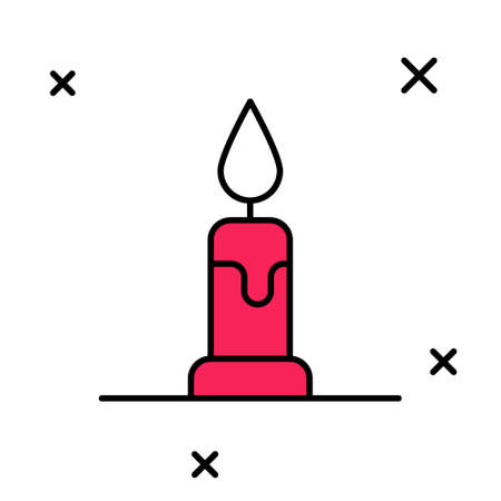 Filled outline Burning candle in candlestick icon isolated on white background. Cylindrical candle stick with burning flame. Vectorのイラスト素材