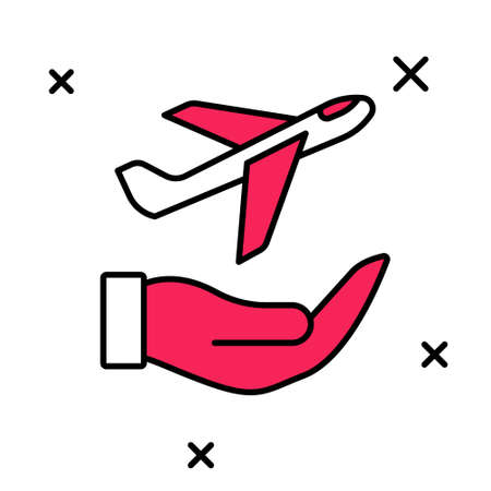Filled outline Plane in hand icon isolated on white background. Flying airplane. Airliner insurance. Security, safety, protection, protect concept. Vectorのイラスト素材