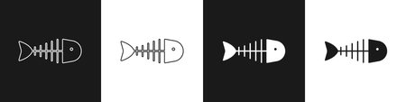 Set Fish skeleton icon isolated on black and white background. Fish bone sign. Vector