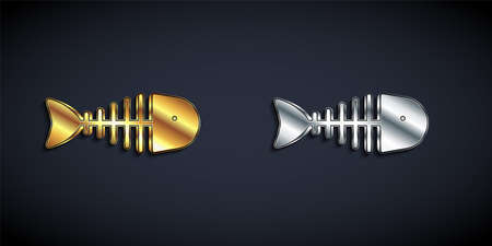 Gold and silver Fish skeleton icon isolated on black background. Fish bone sign. Long shadow style. Vectorのイラスト素材
