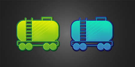 Green and blue Oil railway cistern icon isolated on black background. Train oil tank on railway car. Rail freight. Oil industry. Vectorのイラスト素材