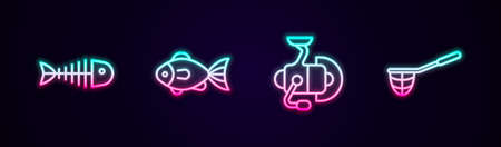 Set line Fish skeleton, Spinning reel for fishing and Fishing net. Glowing neon icon. Vectorのイラスト素材