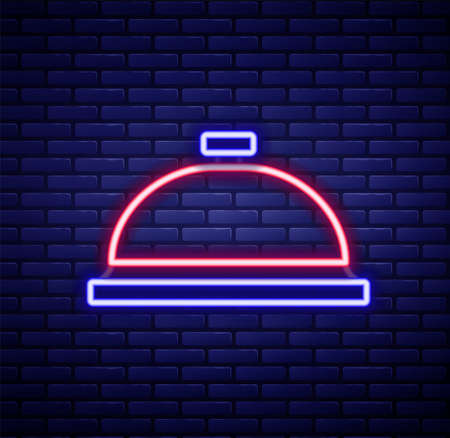Glowing neon line Covered with a tray of food icon isolated on brick wall background. Tray and lid sign. Restaurant cloche with lid. Colorful outline concept. Vectorのイラスト素材