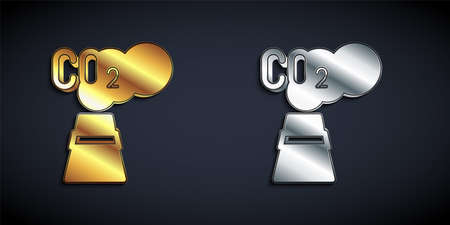 Gold and silver CO2 emissions in cloud icon isolated on black background. Carbon dioxide formula, smog pollution concept, environment concept. Long shadow style. Vectorのイラスト素材