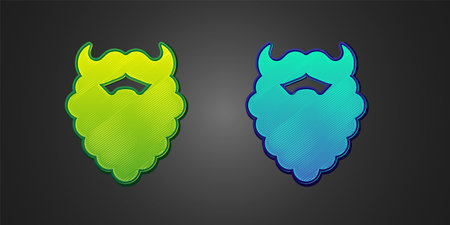Green and blue Mustache and beard icon isolated on black background. Barbershop symbol. Facial hair style. Vectorのイラスト素材