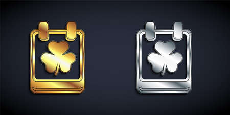 Gold and silver Saint Patricks day with calendar icon isolated on black background. Date 17 March. Long shadow style. Vectorのイラスト素材