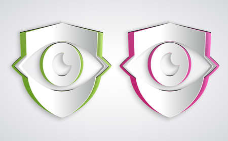 Paper cut Shield and eye icon isolated on grey background. Security, safety, protection, privacy concept. Paper art style. Vectorのイラスト素材