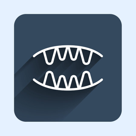White line Vampire teeth icon isolated with long shadow background. Happy Halloween party. Blue square button. Vectorのイラスト素材