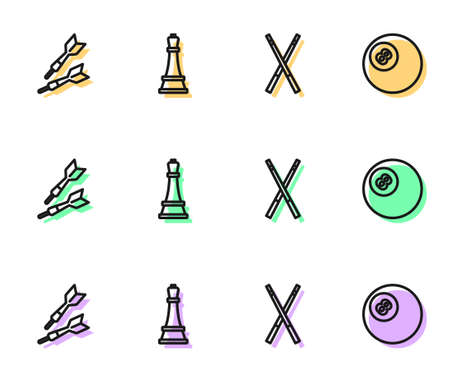 Set line Crossed billiard cues, Dart arrow, Chess and Billiard pool snooker ball icon. Vector