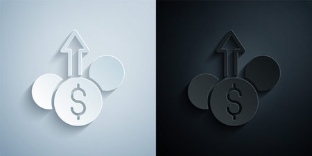 Paper cut Financial growth dollar coin icon isolated on grey and black background. Increasing revenue. Paper art style. Vectorのイラスト素材