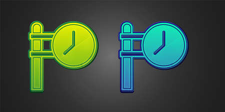 Green and blue Train station clock icon isolated on black background. Vector