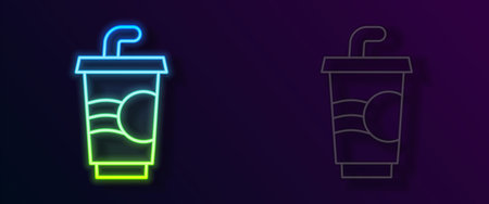 Glowing neon line Paper glass with drinking straw and water icon isolated on black background. Soda drink glass. Fresh cold beverage symbol. Vectorのイラスト素材