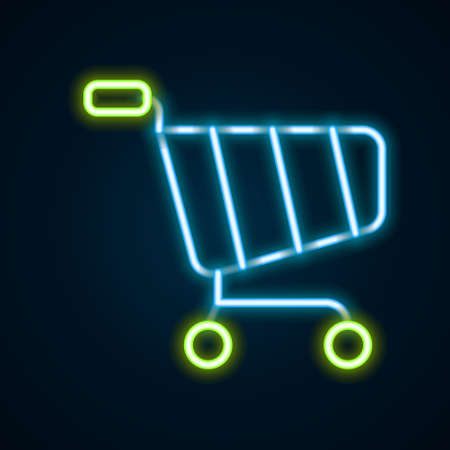 Glowing neon line Shopping cart icon isolated on black background. Online buying concept. Delivery service sign. Supermarket basket symbol. Colorful outline concept. Vectorのイラスト素材