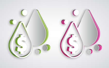 Paper cut Oil drop with dollar symbol icon isolated on grey background. Oil price. Oil and petroleum industry. Paper art style. Vectorのイラスト素材
