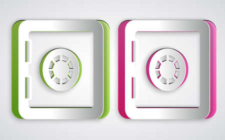 Paper cut Safe icon isolated on grey background. The door safe a bank vault with a combination lock. Reliable Data Protection. Paper art style. Vectorのイラスト素材