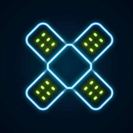 Glowing neon line Crossed bandage plaster icon isolated on black background. Medical plaster, adhesive bandage, flexible fabric bandage. Colorful outline concept. Vectorのイラスト素材