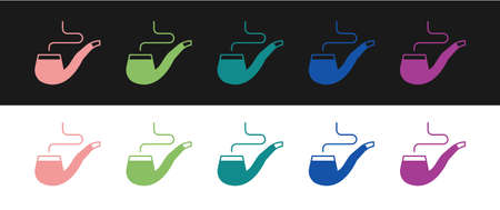 Set Smoking pipe with smoke icon isolated on black and white background. Tobacco pipe. Vectorのイラスト素材